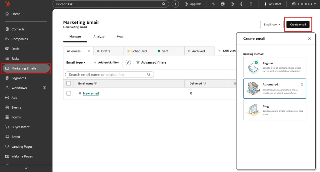 HubSpot Marketing Email shows the email management dashboard with the Create email panel open, offering Regular, Automated, and Blog email options.