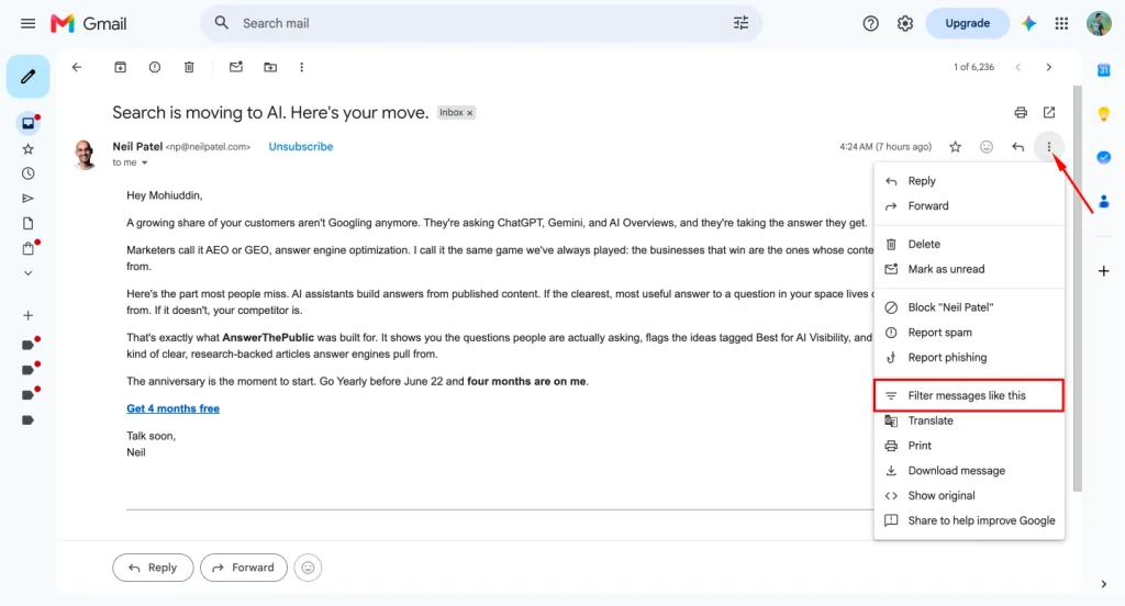 Setup email filter from the email