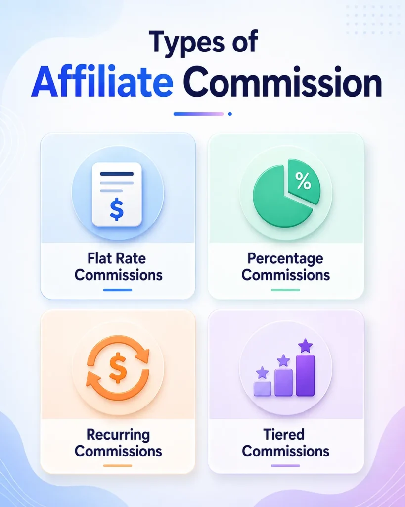 A clean infographic showcasing four common affiliate commission models: Flat Rate, Percentage, Recurring, and Tiered Commissions, each represented with colorful 3D-style icons and pastel-themed cards.