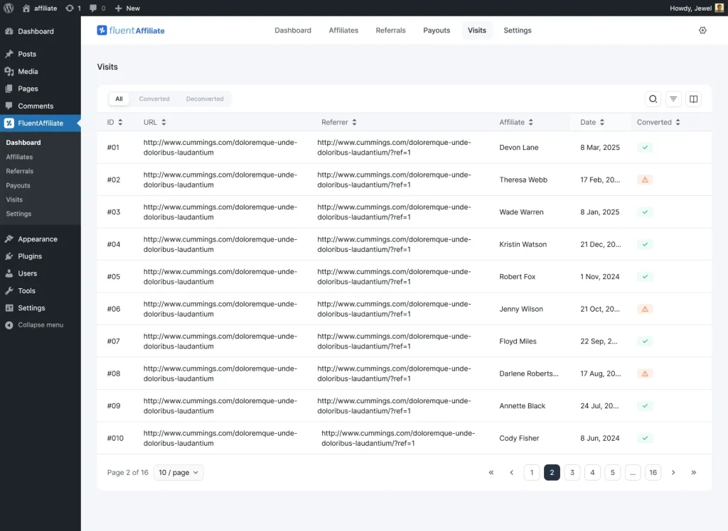 FluentAffiliate Dashboard showing Visits And Attribution. In FluentAffiliate, the visits log shows the destination URL, the referrer, the related referral if the click converted, the affiliate it belongs to, the UTM source, medium, and campaign, and the date. You can filter by Converted and Not Converted to see which traffic actually turned into sales.