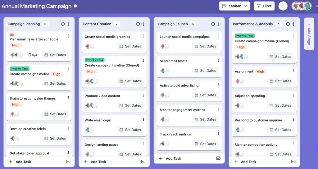 FluentBoards Kanban and Calendar view showing a content production schedule