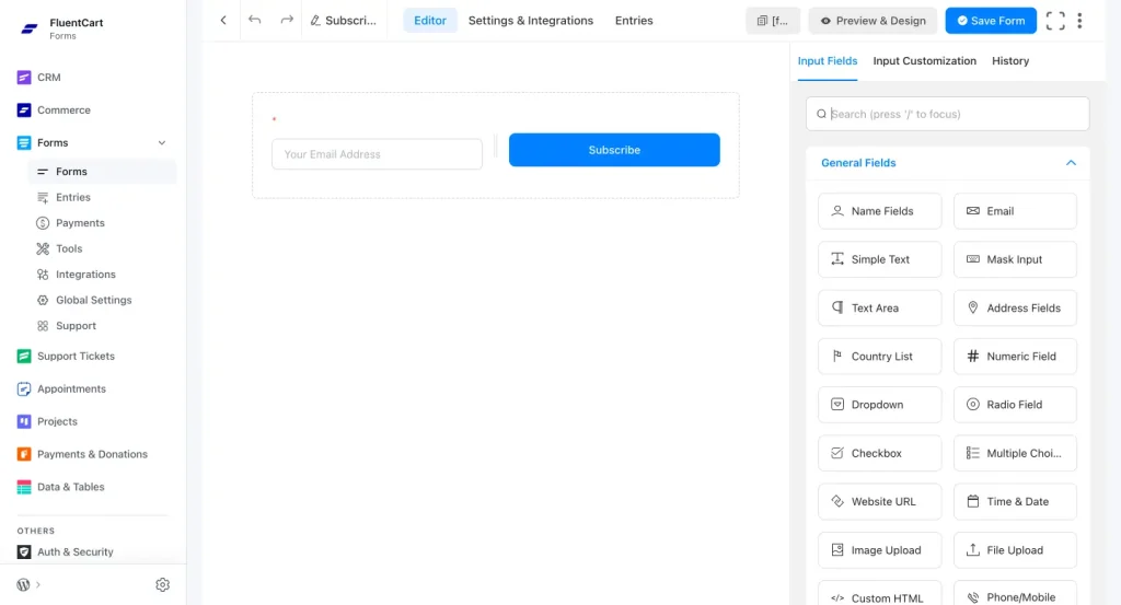 Fluent Forms drag-and-drop builder showing a lead capture form setup