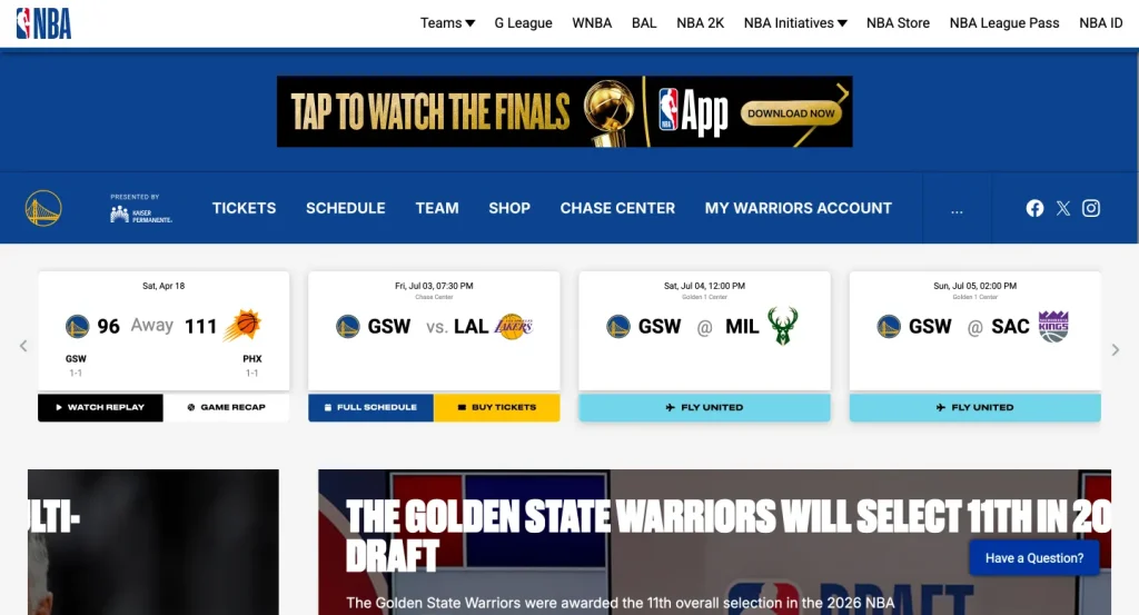 golden state warriors website homapage