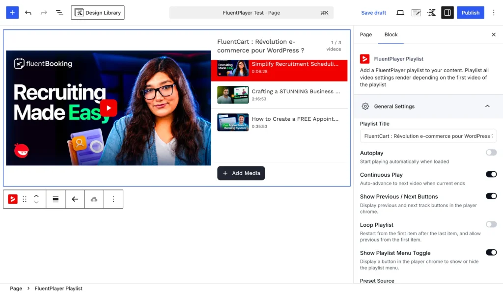 Video playlists: organize videos into structured playlists pulled from your media library, with progress tracking across videos. Ideal for courses, onboarding, and tutorial series. Available in list and grid layouts.