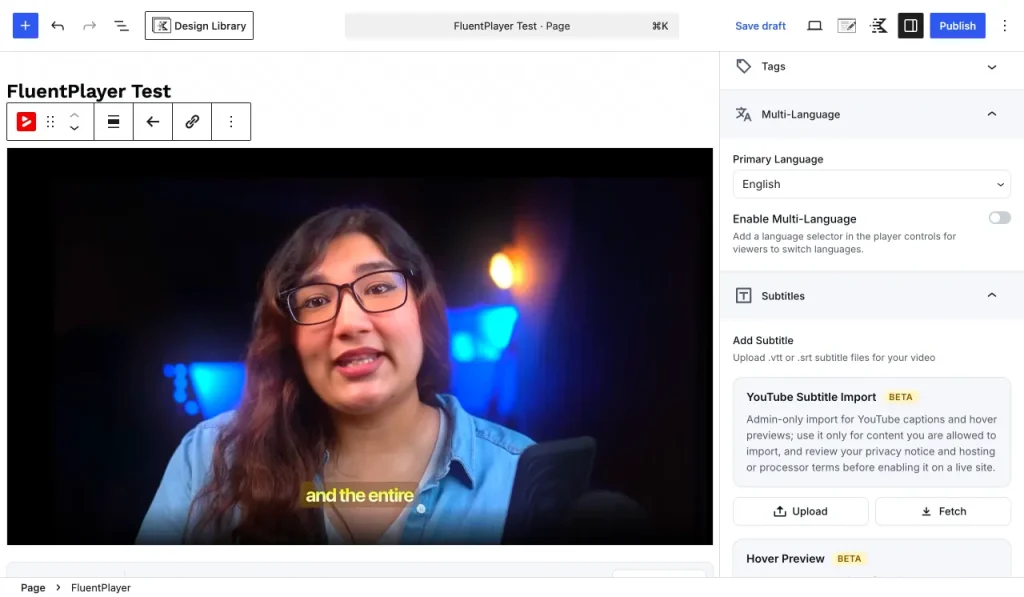 Subtitles & language switching: add subtitle files and let viewers switch languages inside the player for better accessibility and broader reach, no duplicate uploads.
