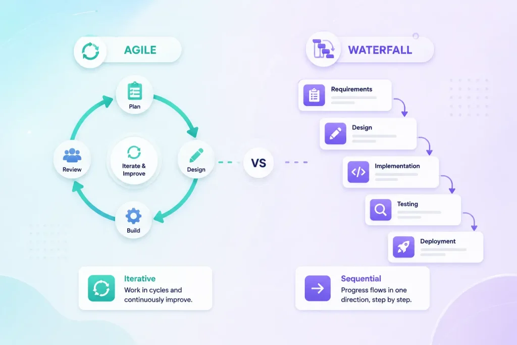 Image showing Agile vs Waterfall project management workflow