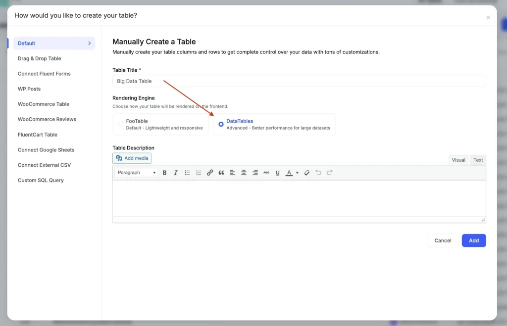 Enabling the DataTables engine