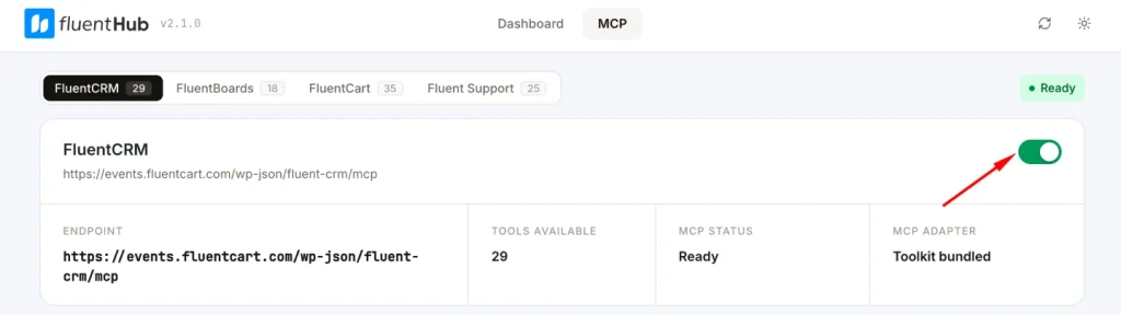 FluentHub MCP dashboard showing FluentCRM, endpoint, tools, status, and Connect Client section
