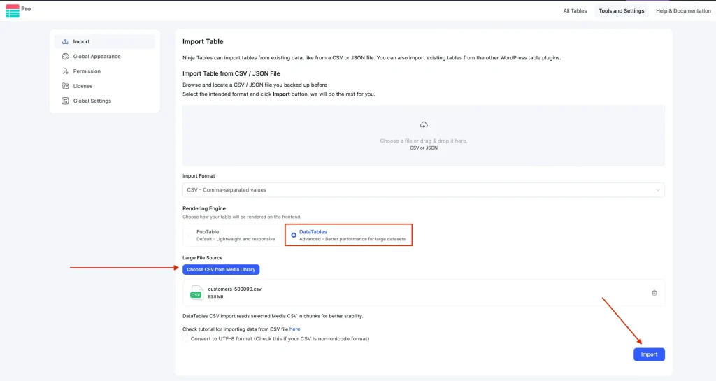 upload the CSV to the WordPress Media Gallery first, then select the Large File Source option that appears when DataTables is chosen as the rendering engine on import