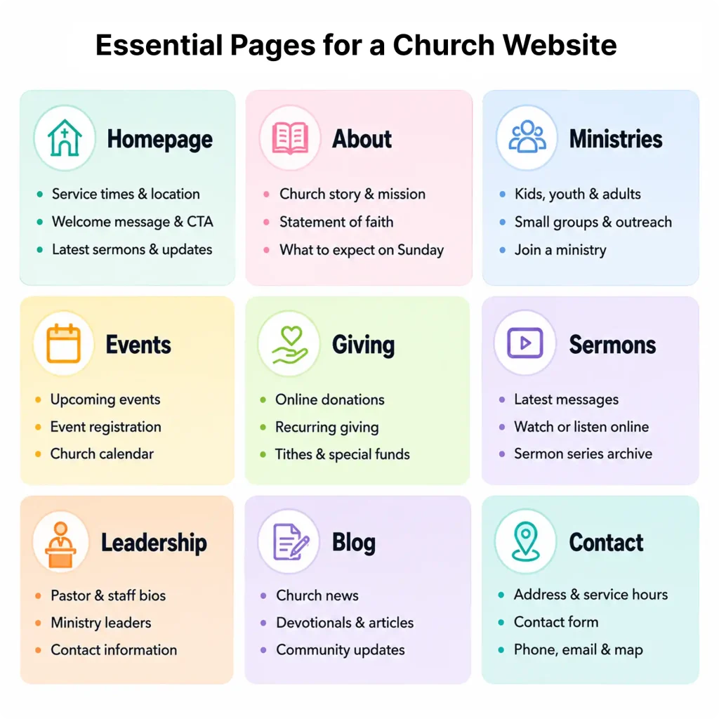 Essential pages for a church website