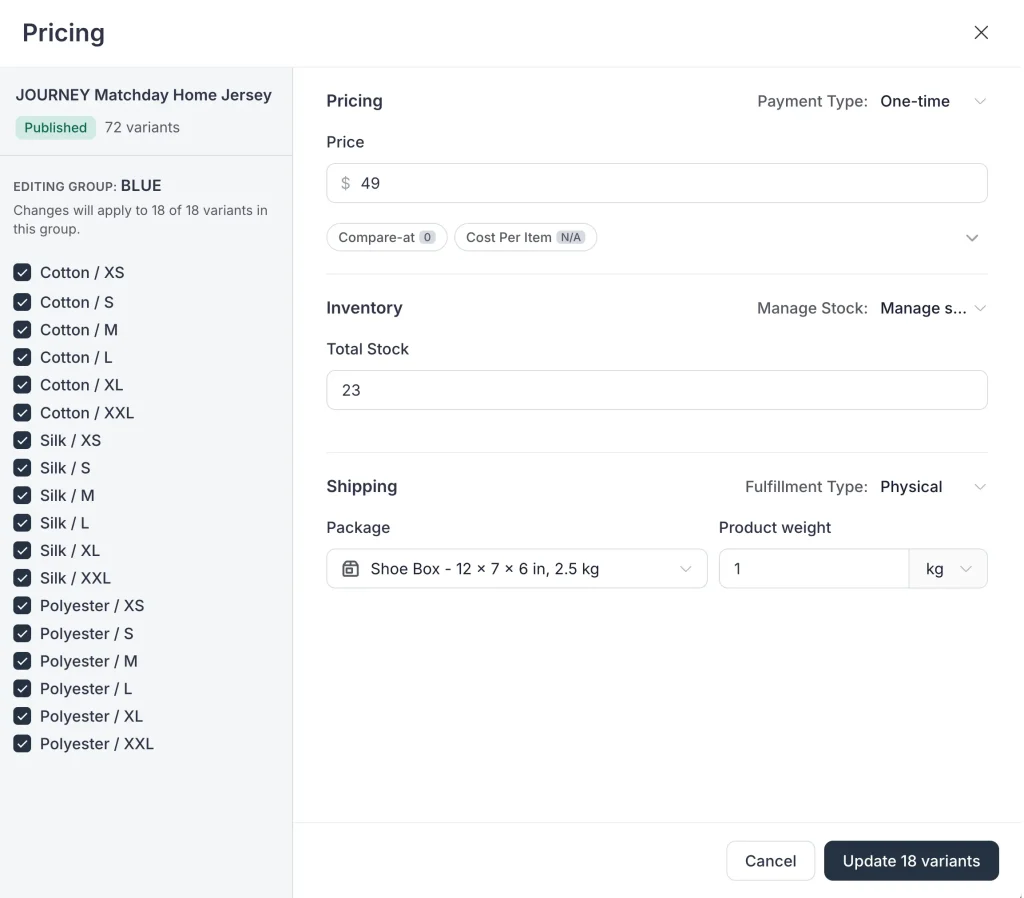 Bulk Editing an Entire Attribute Group inside FluentCart Dashboard. Image showing the variants, pricing and attributes
