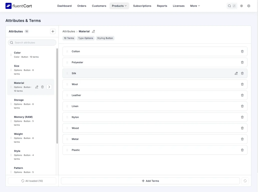 Image showing how you can Create Your Attributes and Terms for the products inside fluentCart dashboard