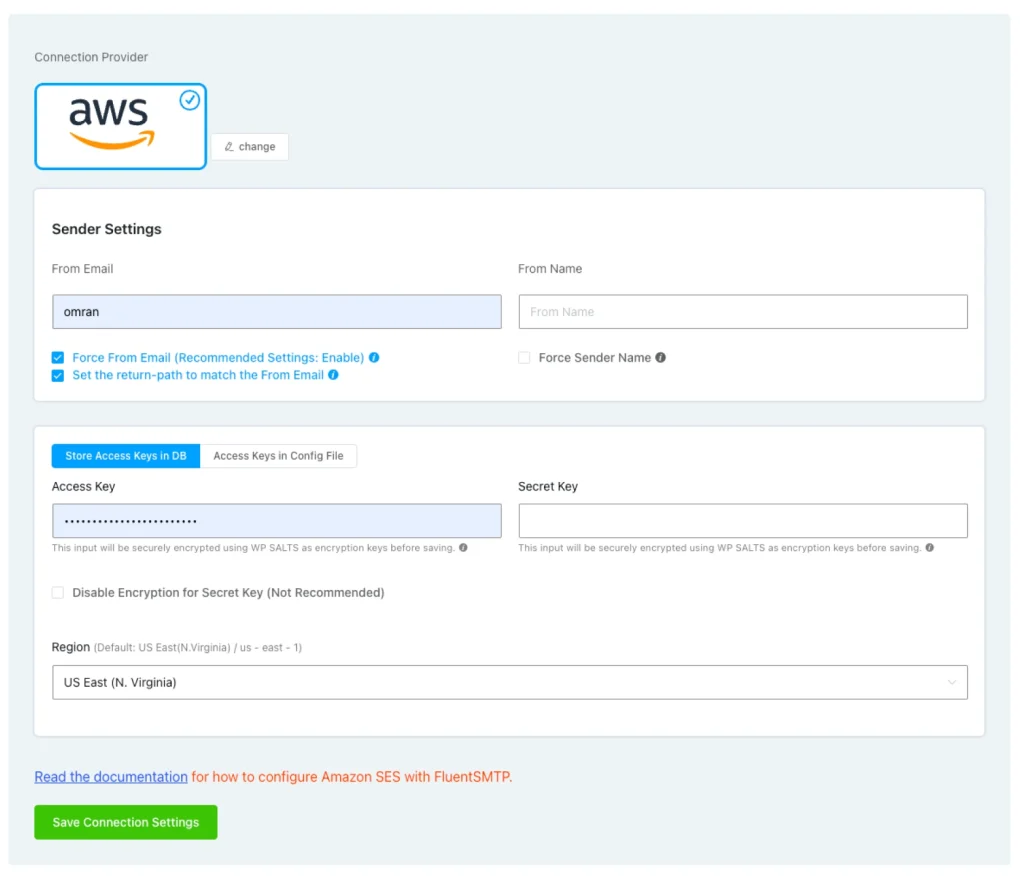 FluentSMTP connection settings in WordPress for selecting and configuring an email delivery provider
