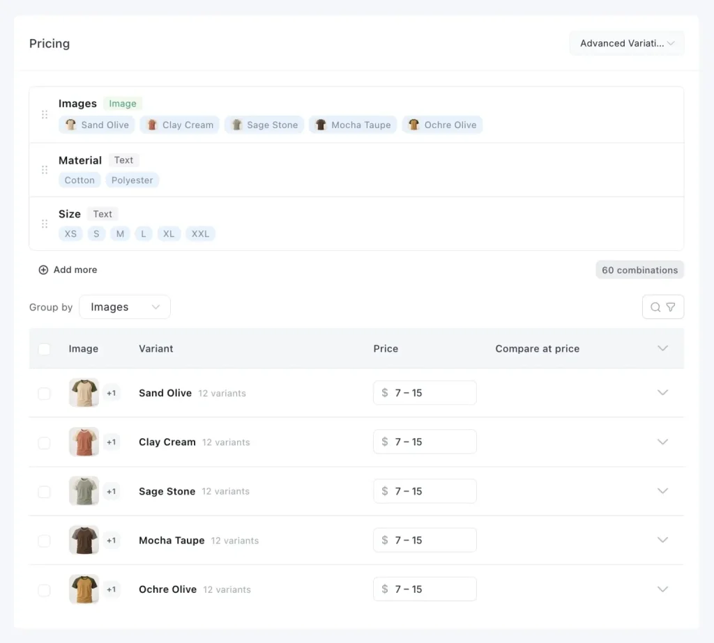 FluentCart variations pricing builder listing generated combinations with prices