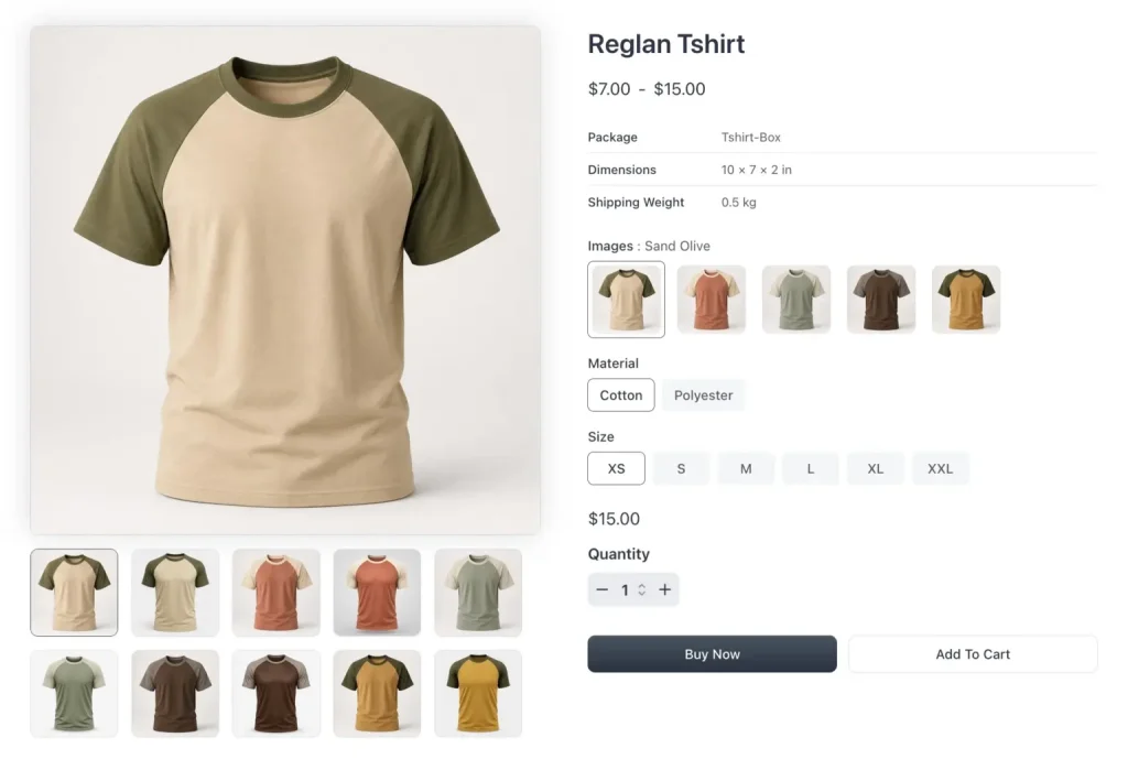 FluentCart variations shown as color and size swatches on a product page