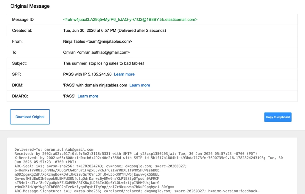 Gmail original message details showing successful SPF, DKIM, and DMARC authentication checks