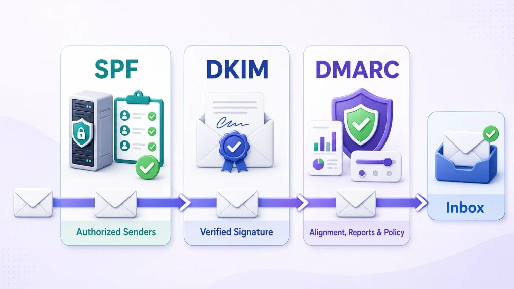 SPF, DKIM, and DMARC authentication checks used to verify emails sent from a WordPress website