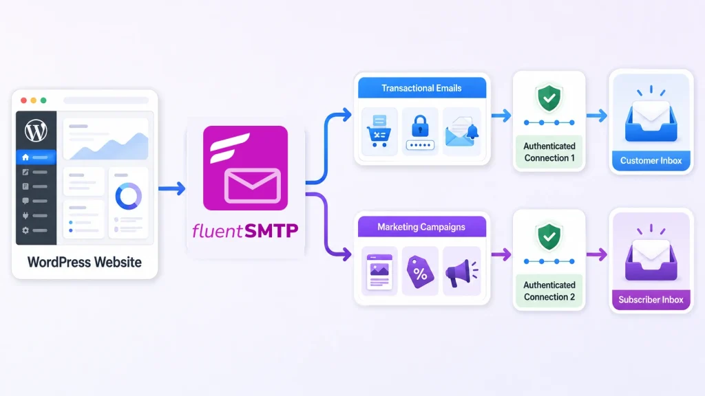 WordPress email routing diagram separating transactional messages from marketing campaigns