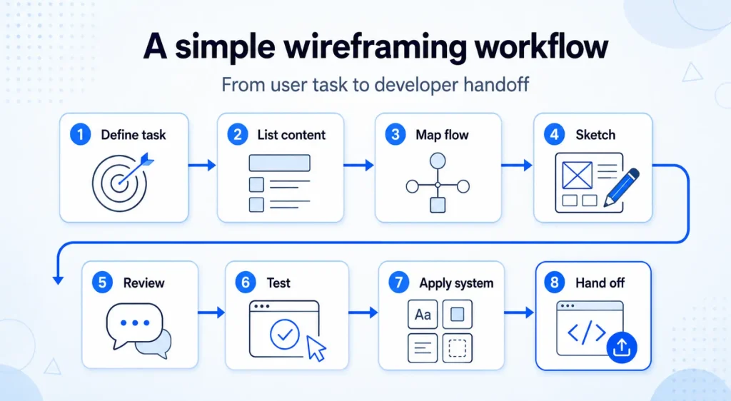 Website wireframing workflow from user task to developer handoff