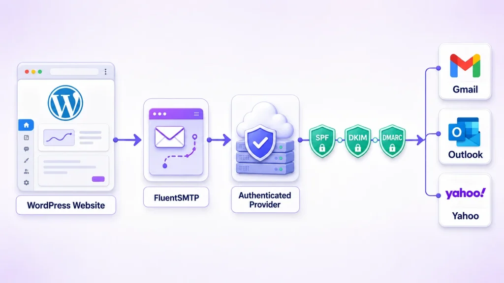 Diagram showing WordPress emails passing through FluentSMTP and an authenticated email provider before reaching the recipient’s inbox