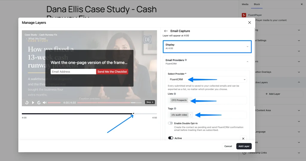 FluentPlayer interactive layer settings showing email capture timestamp and FluentCRM tag field