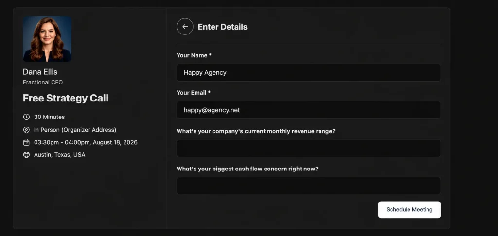 FluentBooking event page for a strategy call with intake questions