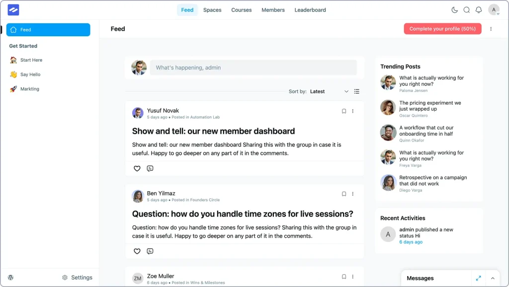 FluentCommunity portal dashboard showing spaces and course navigation