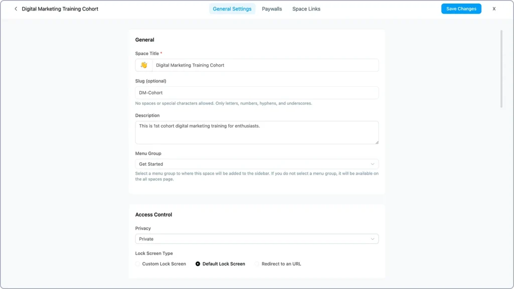 FluentCommunity space creation panel with privacy type set to private