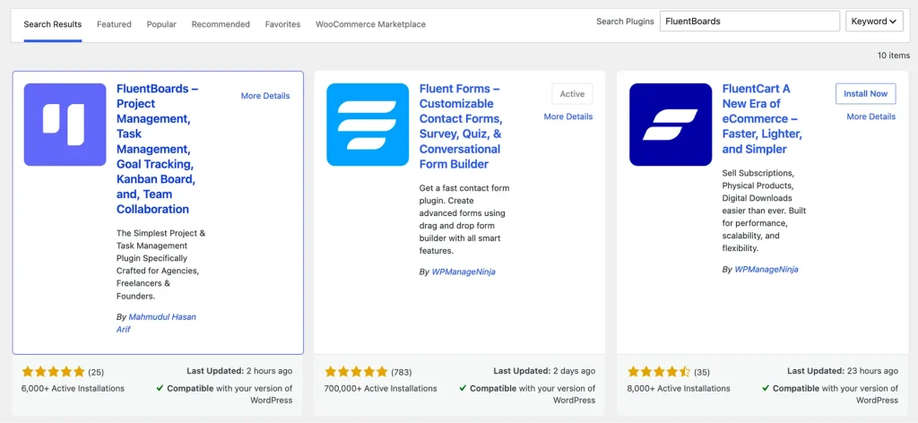 Plugin Installation dashboard showing FluentBoards searched from the list