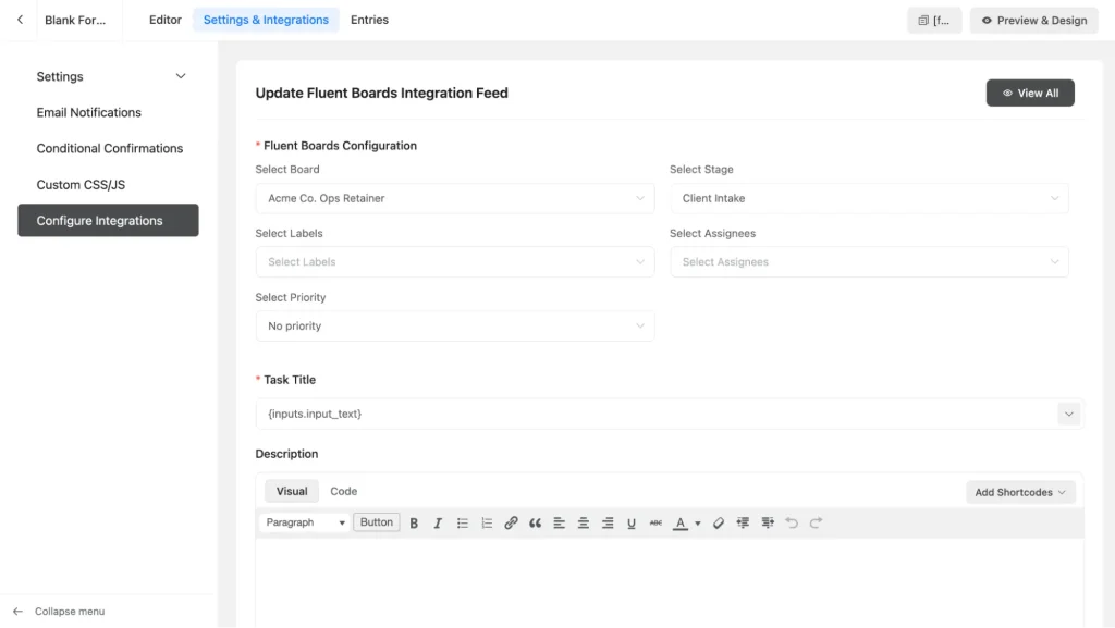 Setting up a Fluent Forms submission to create a FluentBoards task automatically, free on both plugins.