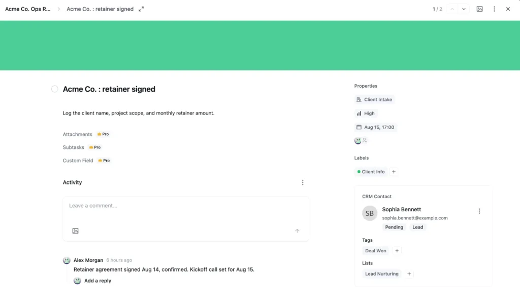 A FluentBoards task linked to a FluentCRM contact, with status, tags, and lists visible directly in the CRM Contact panel.