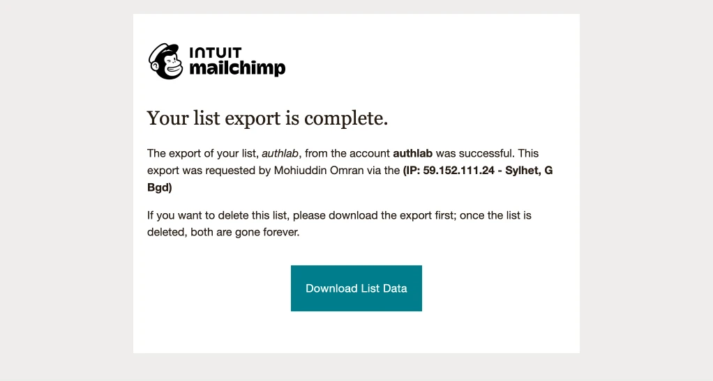 Mailchimp contact list csv sent to email address