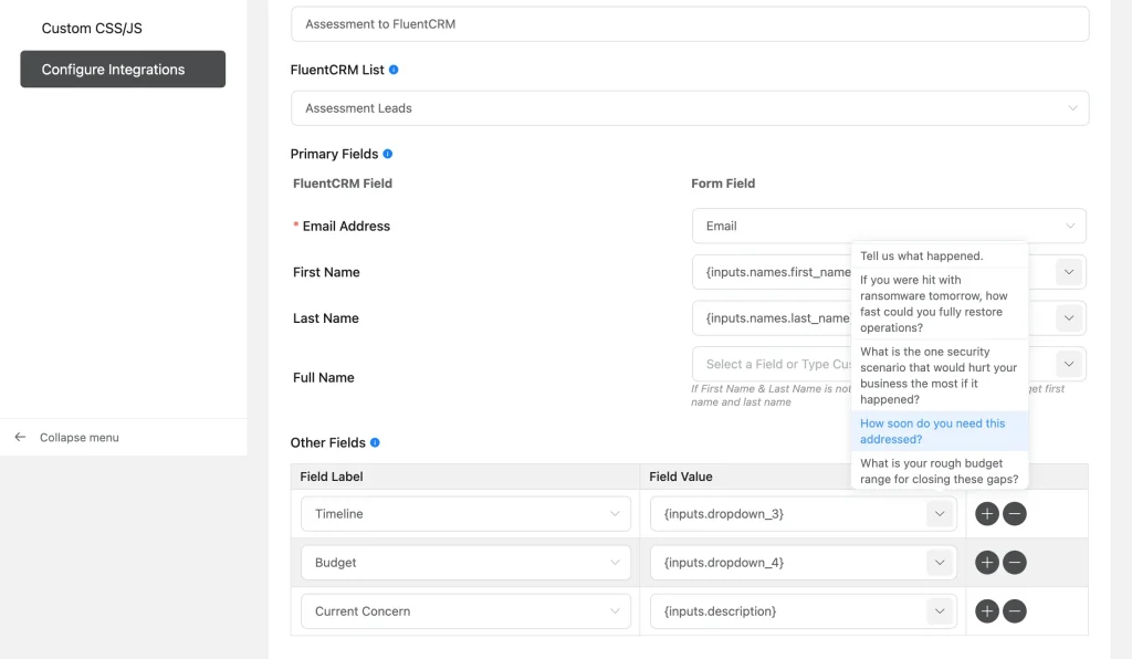 FluentCRM Custom Fields screen showing Security concern, Urgency, and Budget range fields created