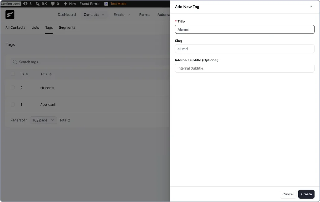 FluentCRM tags panel with Applicant, Student, and Alumni tags created]