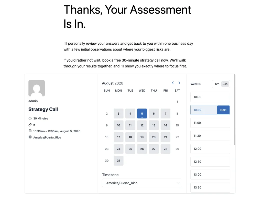 Assessment received thank-you page showing the strategy call calendar showing availability
