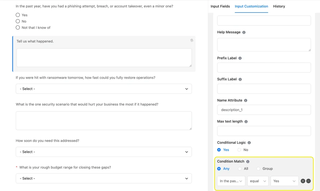 Fluent Forms conditional logic panel showing a follow-up textarea set to appear only when the incident question equals Yes