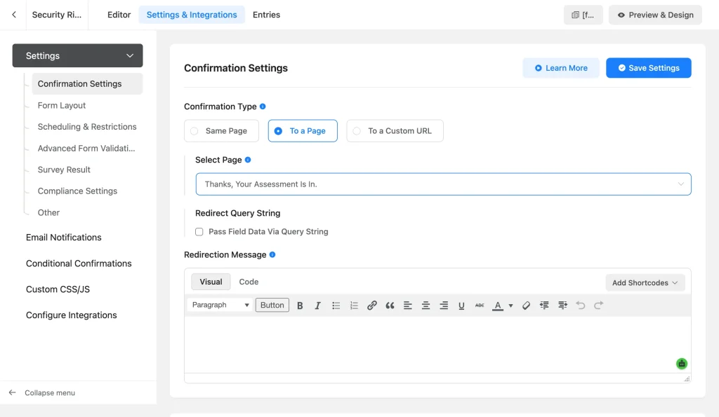 Fluent Forms Confirmation Settings showing a redirect to the Assessment received page after submission