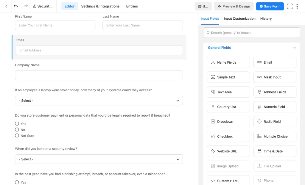 Fluent Forms builder showing the Security Risk Assessment form with name, email, company, and diagnostic question fields in the editor