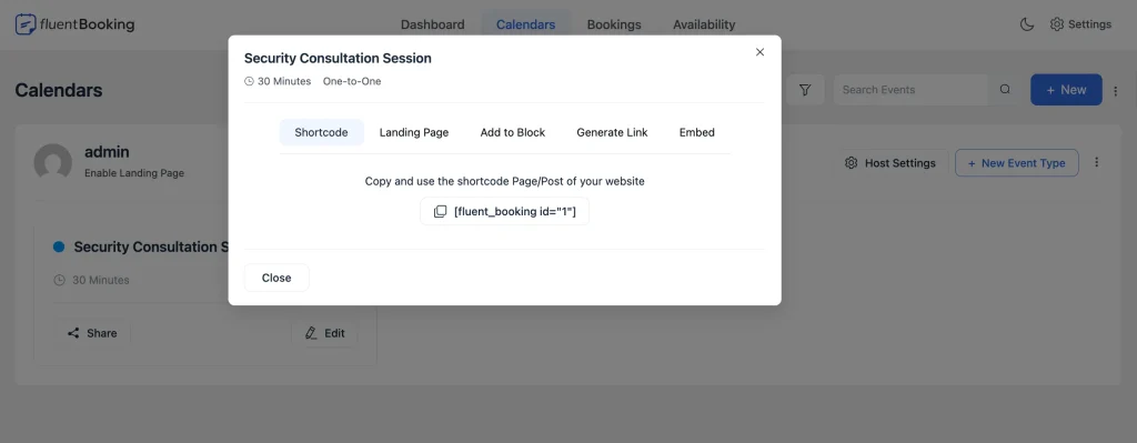 FluentBooking shortcode for schedule the meeting for security consultation session