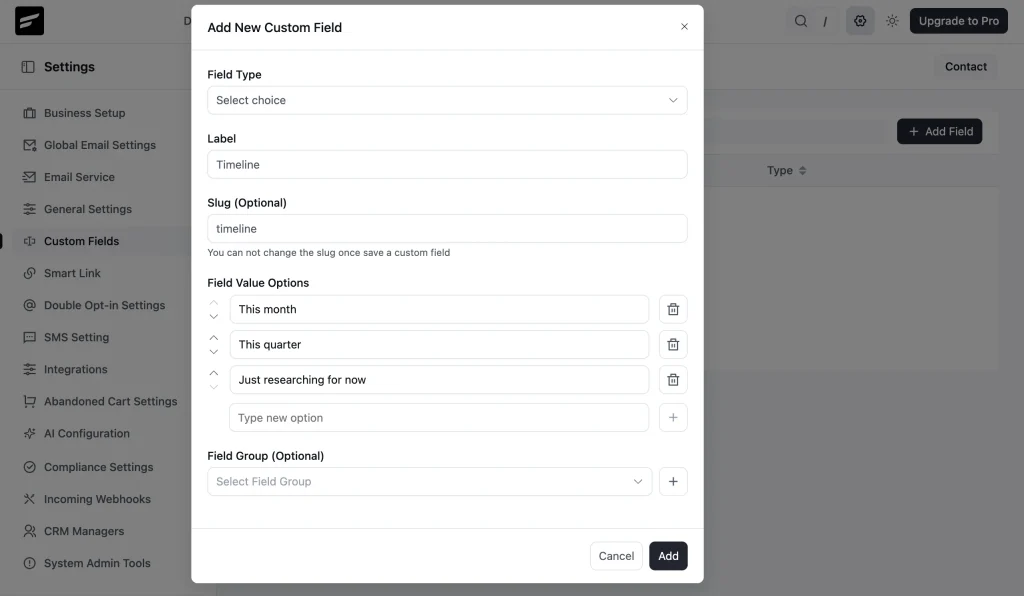 Image showing add new custom fields in FluentCRM