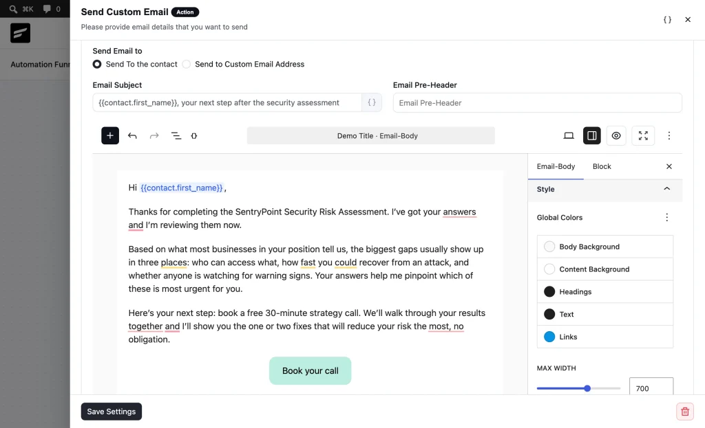 FluentCRM automation setup: New Form Submission triggering a Custom Email action with the booking link