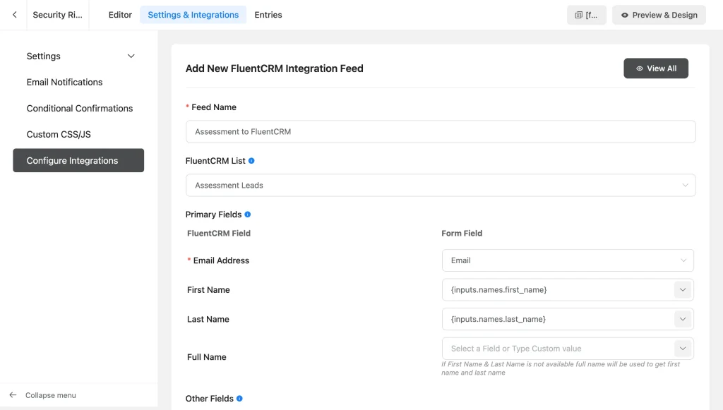 Fluent Forms FluentCRM integration feed named Assessment to FluentCRM with the list and primary fields mapped