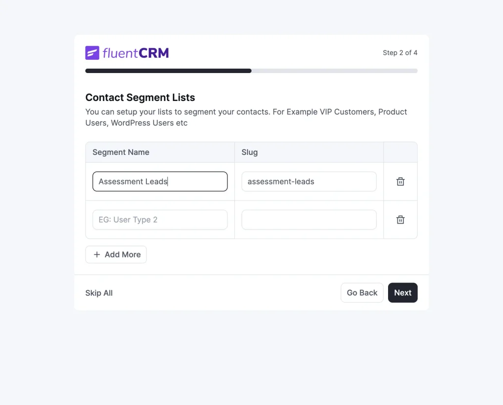 FluentCRM setup wizard Step 2: Contact Segment Lists with Assessment Leads entered under Segment Name