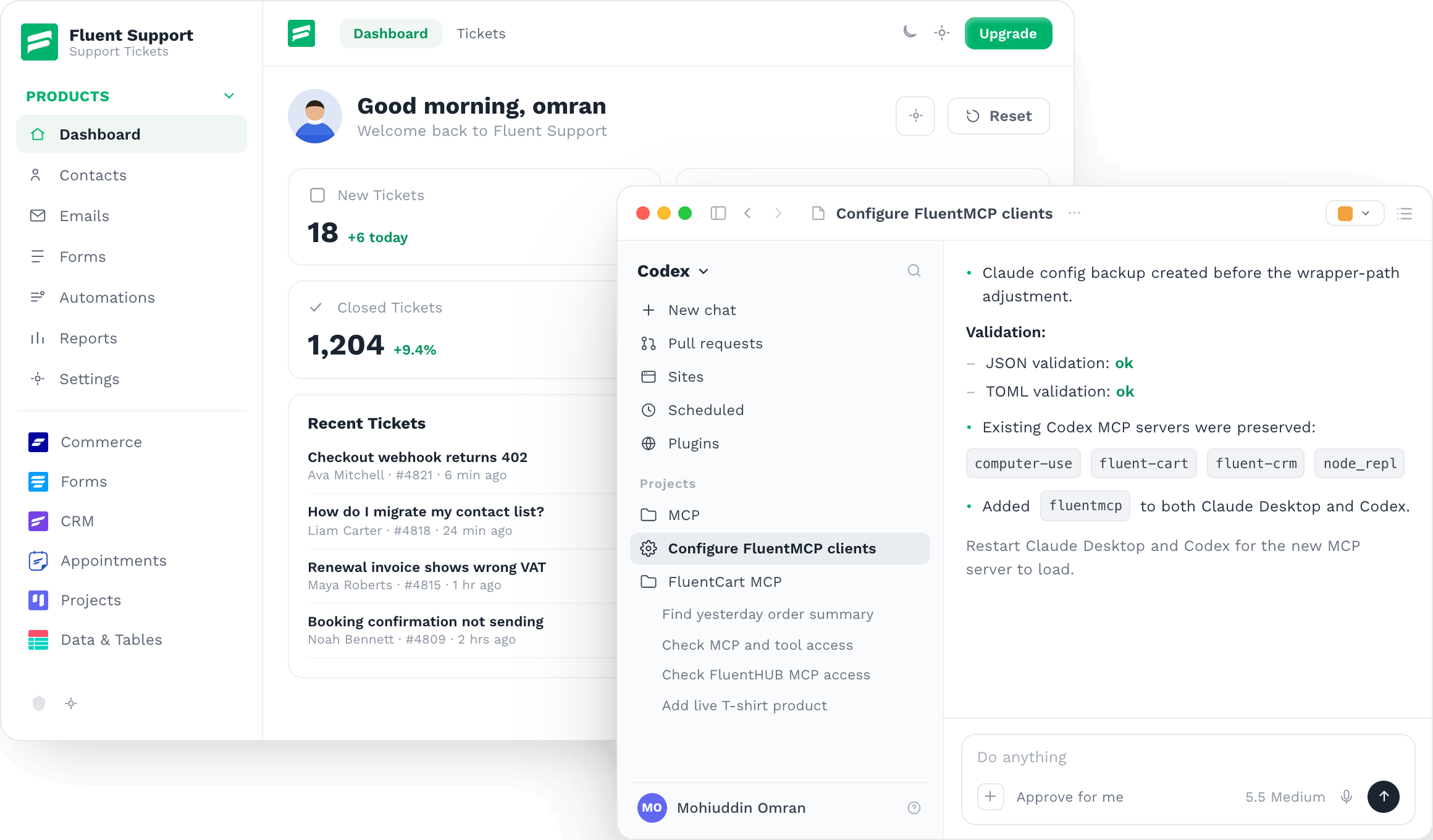 FluentHub Dashboard and Codex MCP connected with FluentHub