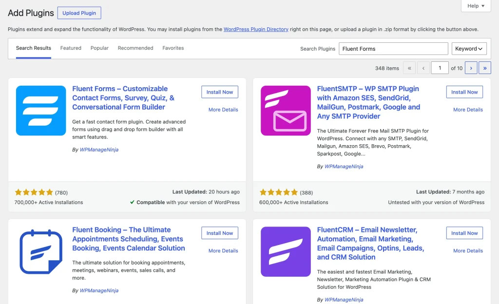 WordPress Add New Plugins screen with Fluent Forms in the search results and the Install Now button visible