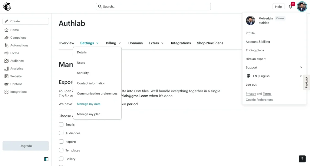 Showing how to Back up the full Mailchimp account
