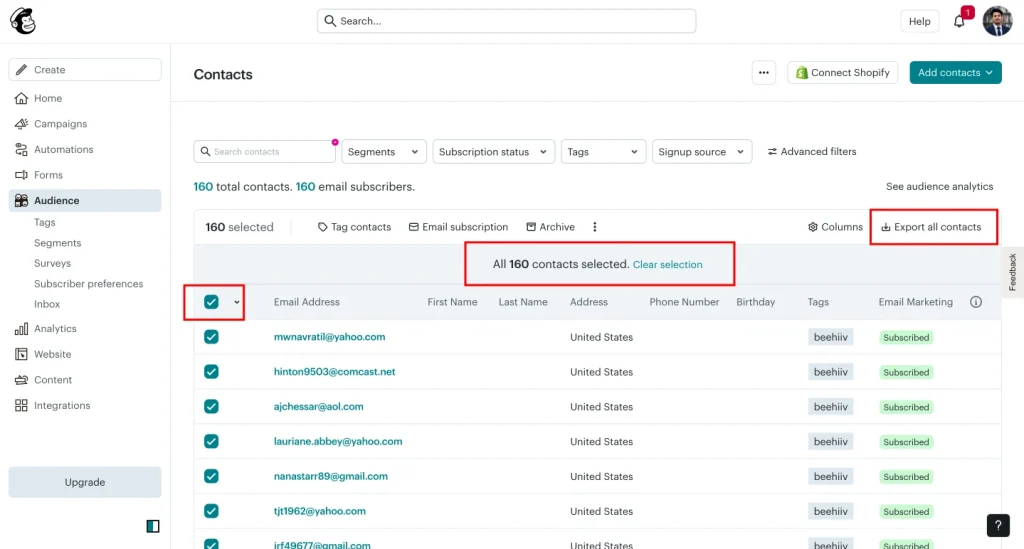 Mailchimp Audience screen with all contacts selected and the Export all contacts button highlighted.