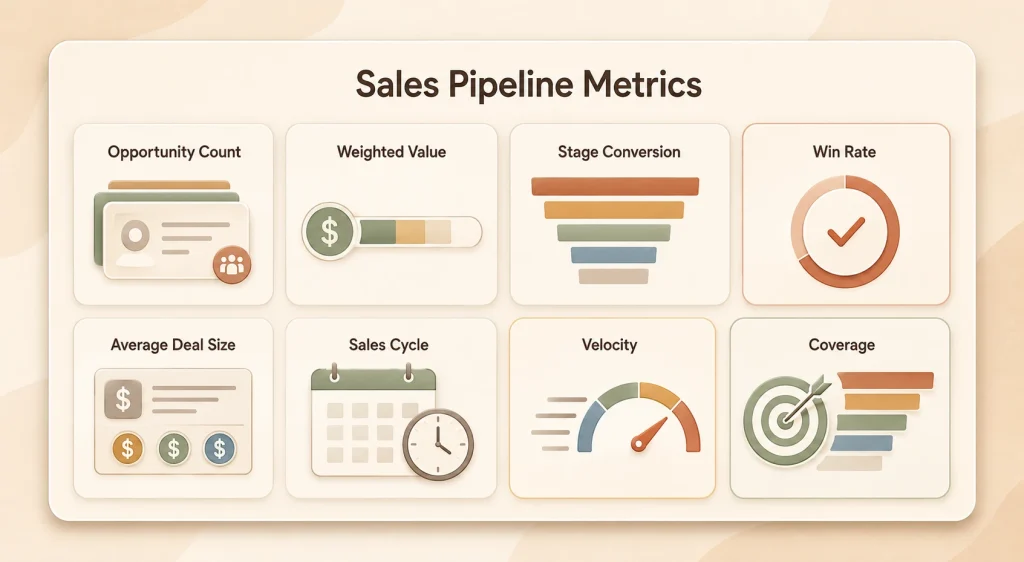 Sales pipeline metrics dashboard showing value, conversion, win rate, sales cycle, velocity, and coverage