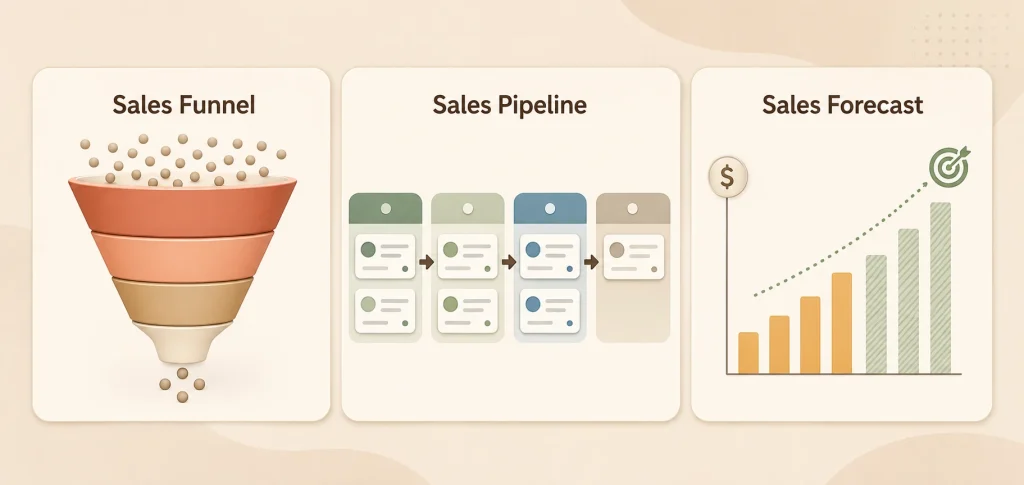 Comparison of a sales funnel, sales pipeline, and sales forecast by purpose and business question