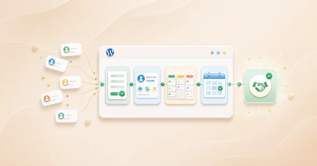 WordPress sales pipeline connecting lead capture, CRM qualification, deal management, and sales booking